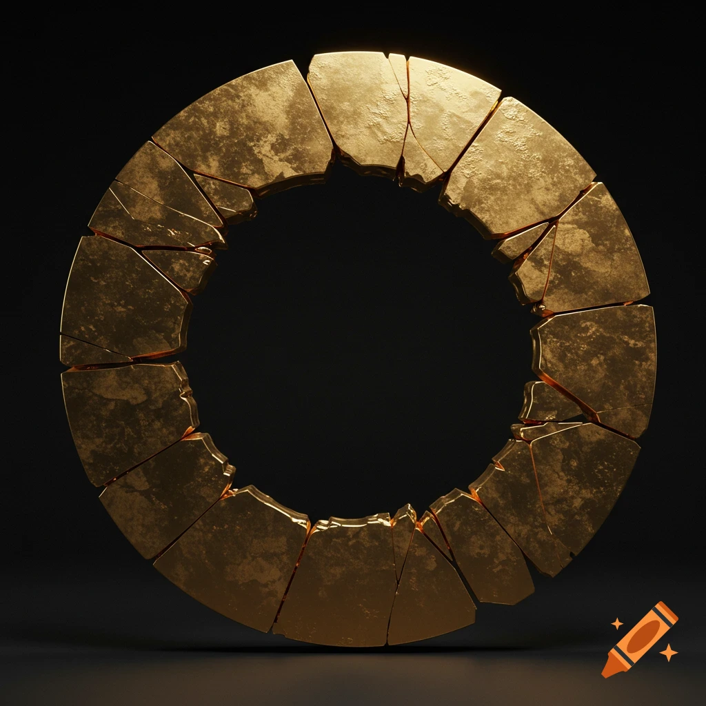 A broken, textured golden ring with glowing orange cracks on a dark background.