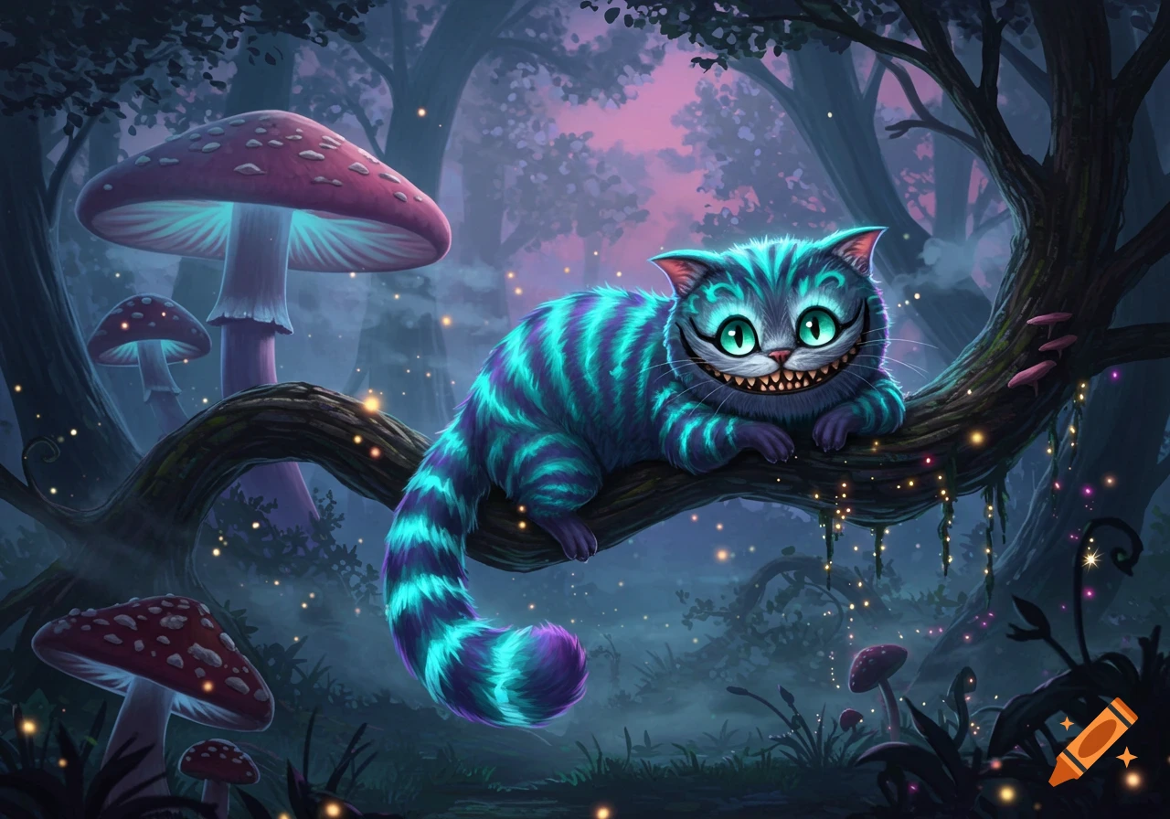 A vibrant, smiling Cheshire cat with blue and purple stripes on a tree branch in a magical forest with glowing mushrooms, fantasy illustration.