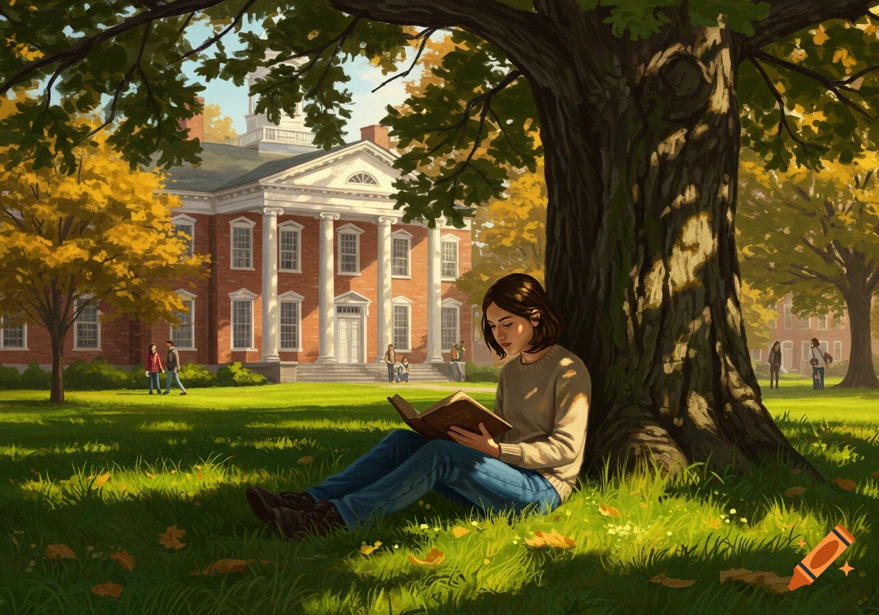 A female student reads a book under a large tree on a sunny college campus in autumn, rendered in an illustrative style.