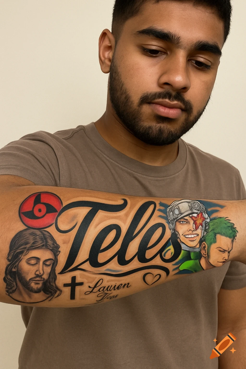 A man proudly displays a large forearm tattoo featuring the name "Teles", Jesus, Naruto's Sharingan, One Piece's Zoro, and another anime character.