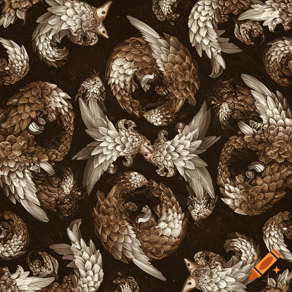 Repeating pattern of brown and white pangolins in an Escher-like tessellation on a dark background.