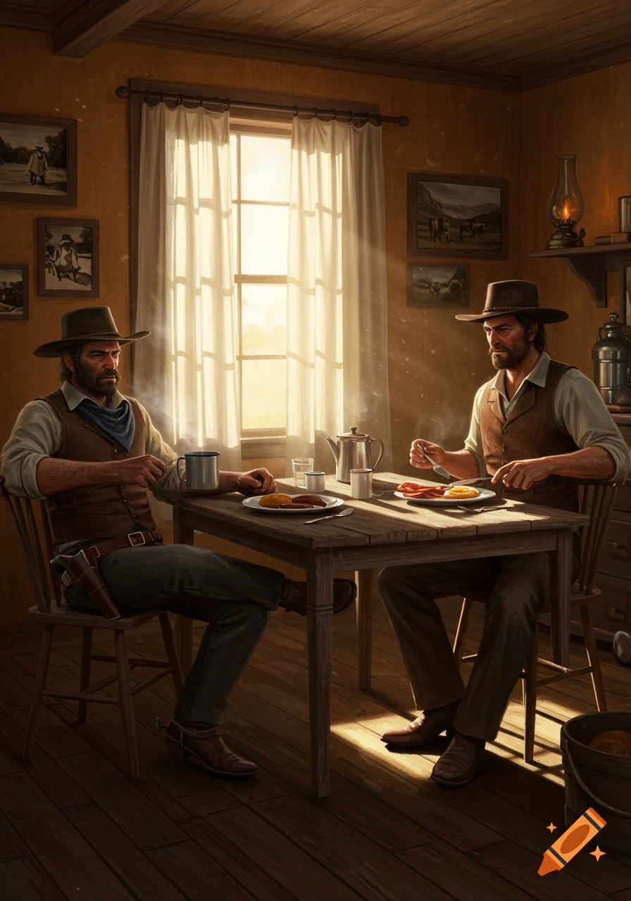 Two cowboys in a rustic, sunlit room eat breakfast at a wooden table.