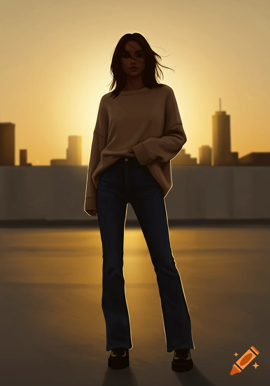 Digital art of a woman in an oversized sweater and jeans, silhouetted against a golden sunset and city skyline.
