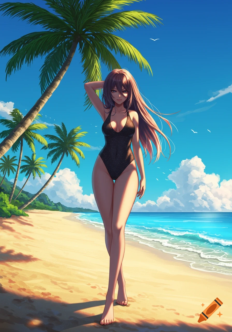 Anime girl in a black swimsuit walking on a sunny beach with palm trees and ocean.