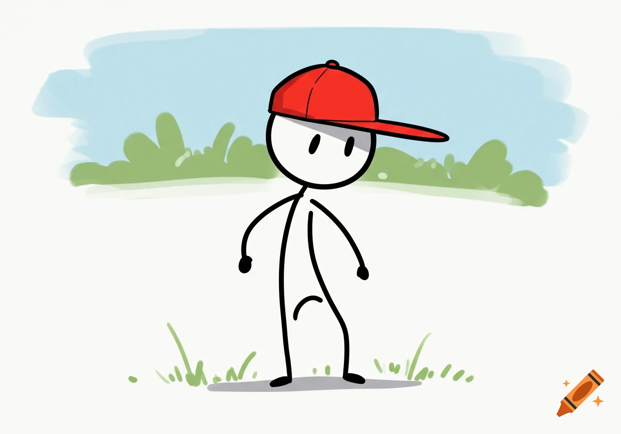 A simple stick figure wearing a red baseball cap stands in a grassy outdoor setting with a blue sky.