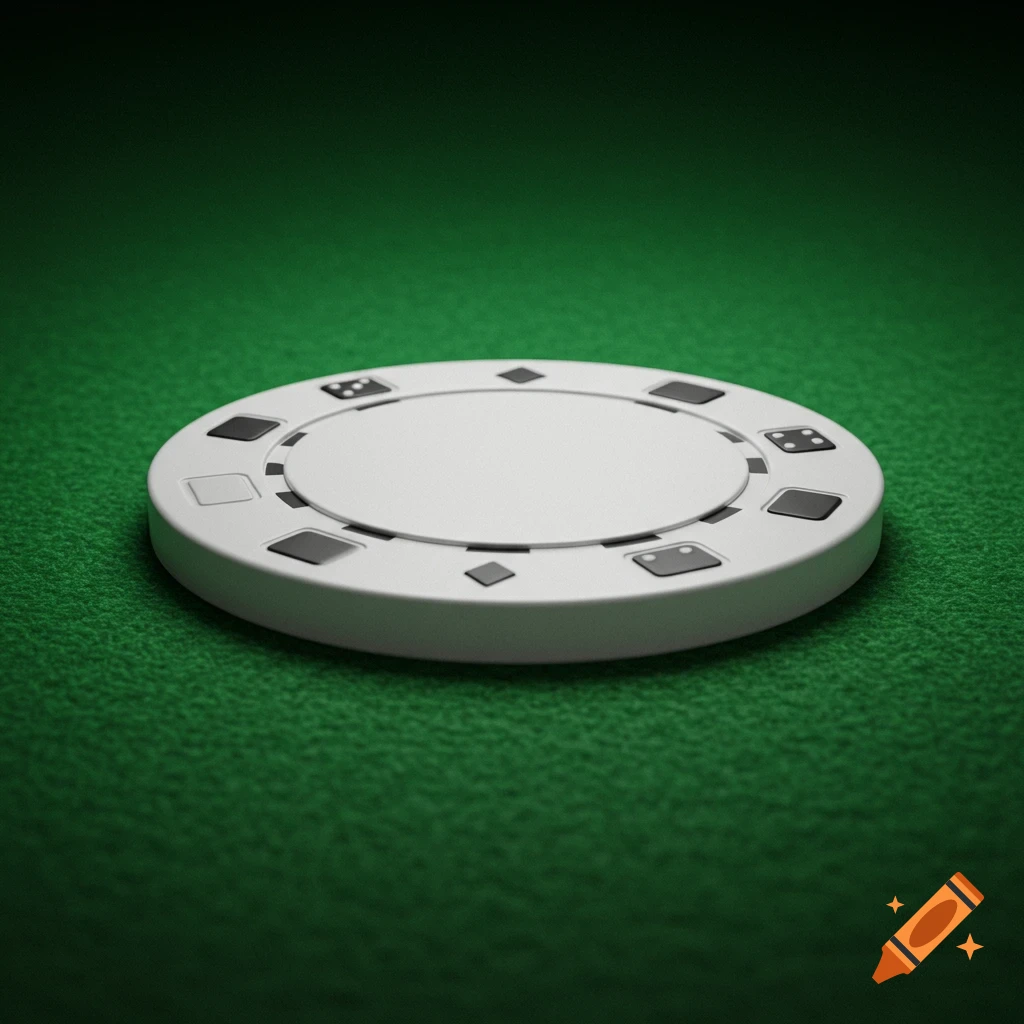 A white poker chip with black markings rests on a green felt background.