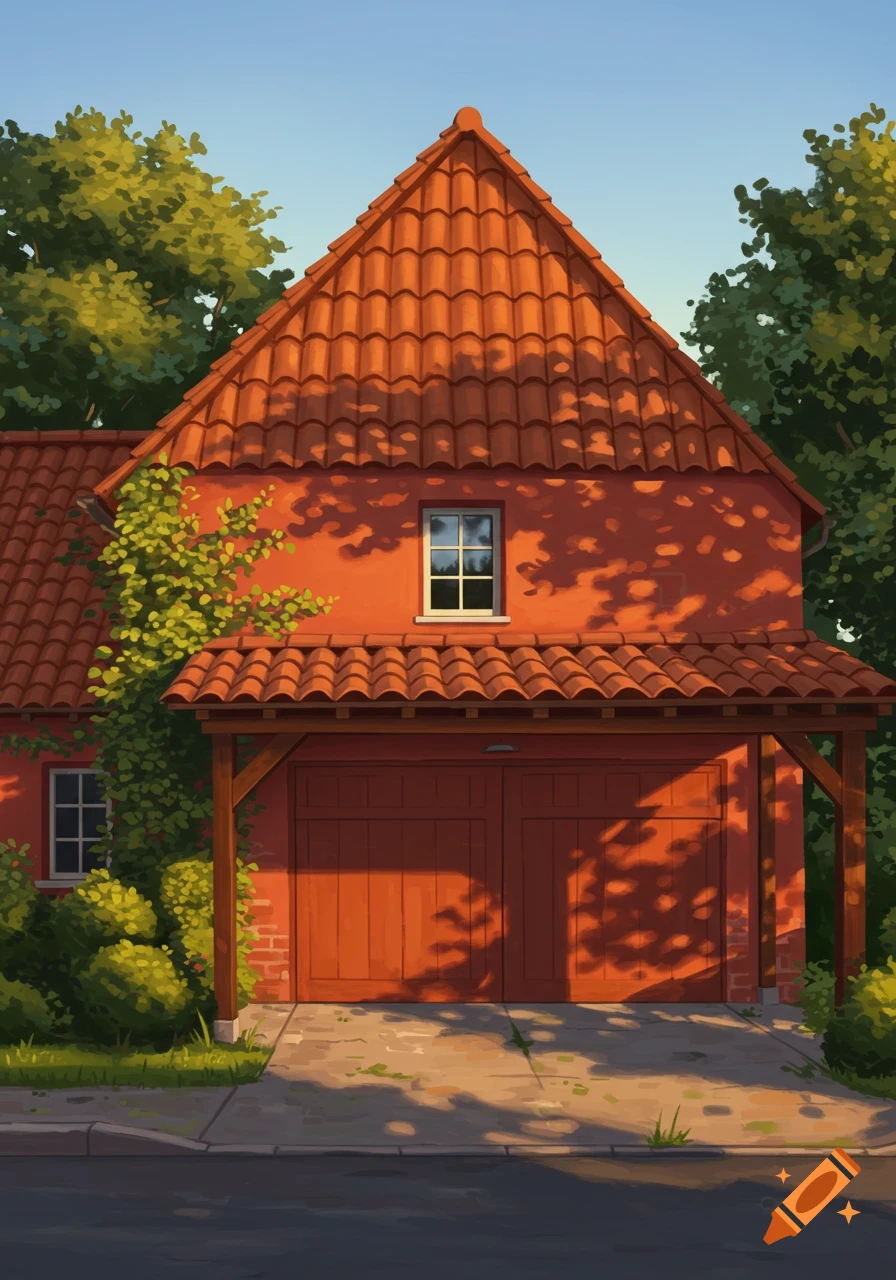 An illustration of a red house with a gabled terracotta tiled roof, a large garage, and a wooden carport entrance. Lush green trees surround the building, with sunlight casting dappled shadows on the red walls.