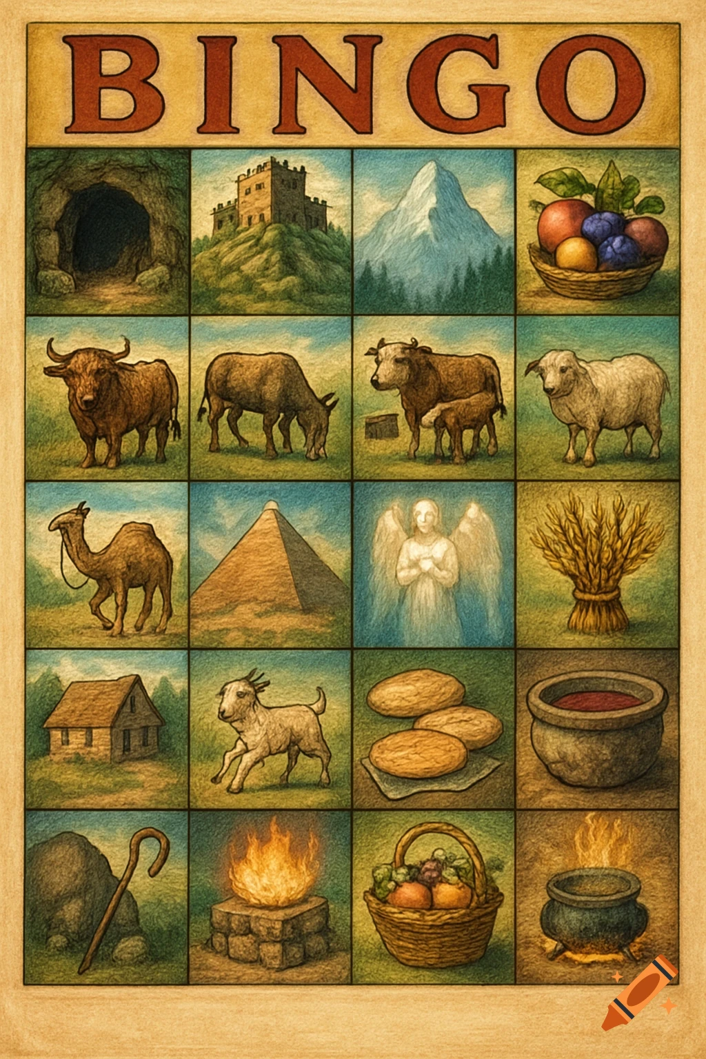 A rustic illustrated bingo board with 'BINGO' at the top, featuring squares with animals, landscapes, and biblical items.
