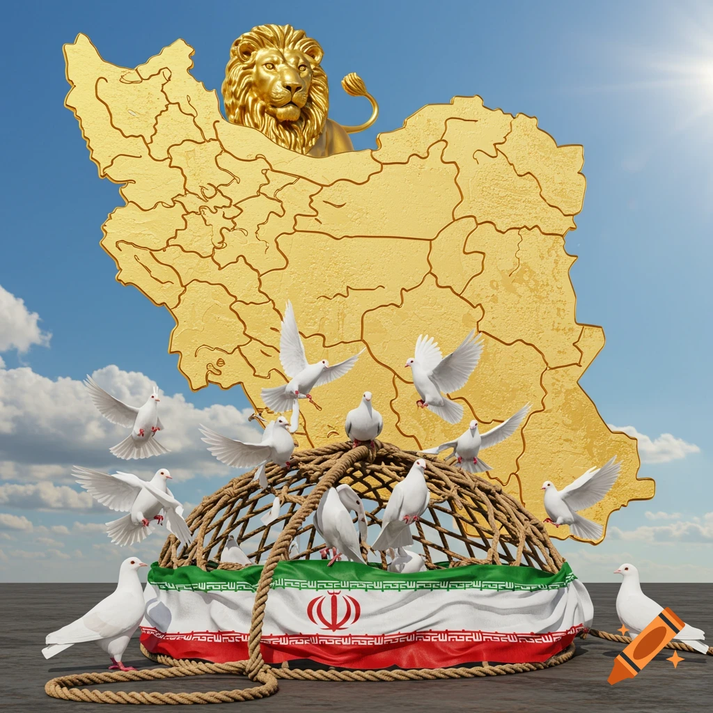 A golden map of Iran with a golden lion head at the top. Below, white doves are entangled in a rope cage, with the flag of Iran draped around its base. Doves fly towards a bright blue sky, attempting to lift the cage.