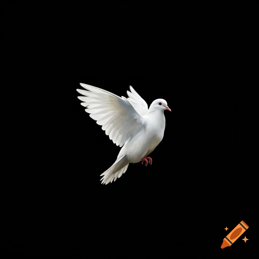 A white dove with outstretched wings against a solid black background.