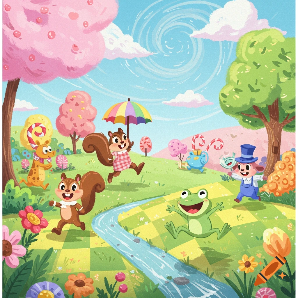 Cartoon animals play in a colorful, whimsical candy land with a river, pink trees, and lollipops.
