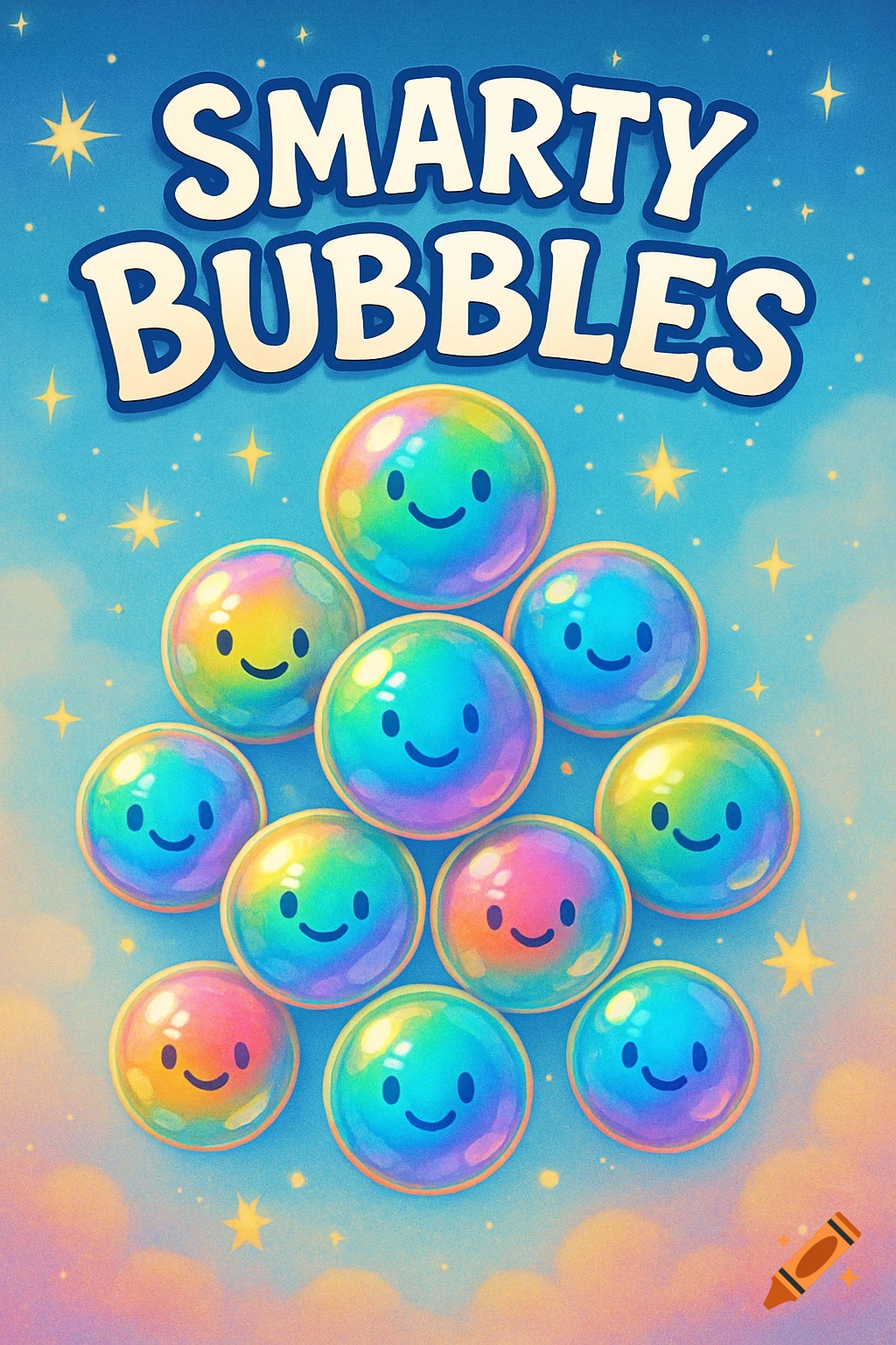 Cartoon poster for 'Smarty Bubbles' game, featuring a pyramid of smiling, rainbow-colored bubbles on a starry blue and cloudy background.