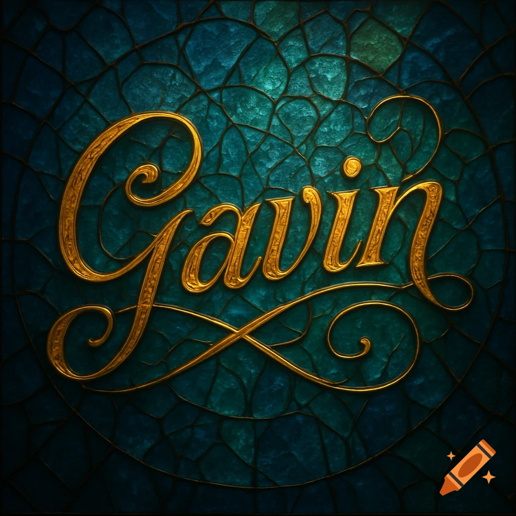 Golden, ornate cursive script spelling 'Gavin' on a textured blue-green stained-glass background.