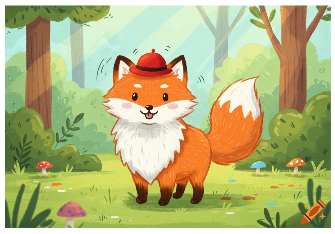 A cute cartoon fox wearing a red hat smiles in a lush green forest with trees and mushrooms.