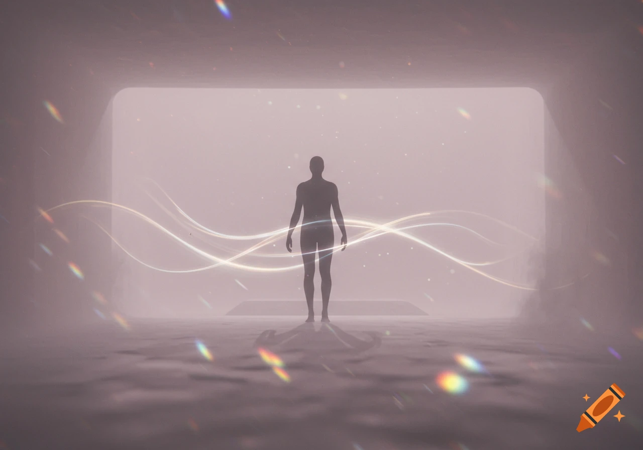 A dark silhouette of a human figure stands in a bright, misty tunnel with glowing light waves and rainbow lens flares.