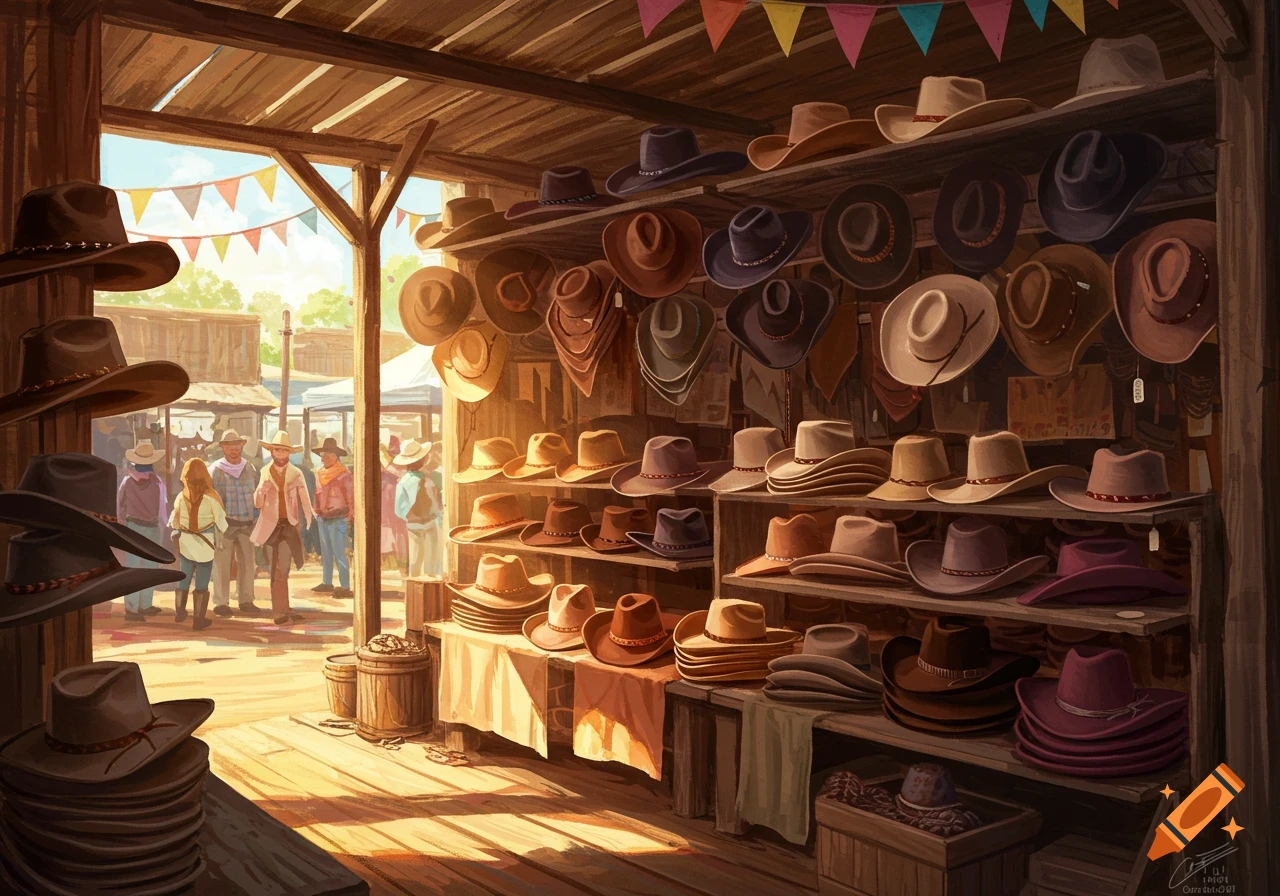 A vibrant illustration of a cowboy hat stall at a bustling outdoor market, filled with various hats on shelves and displays.