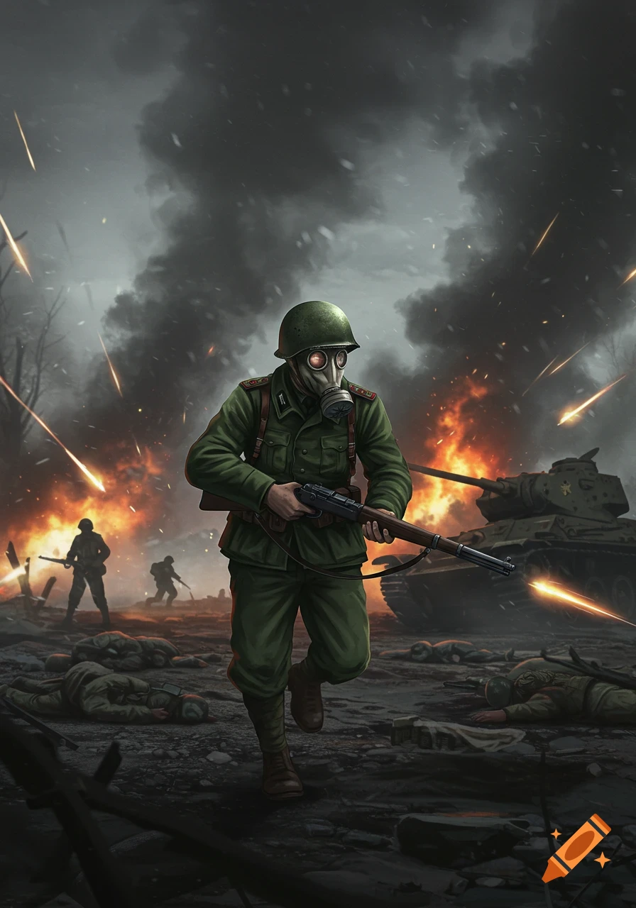 A soldier in a gas mask and helmet runs through a smoky, fiery battlefield littered with corpses, past a tank, in a digital painting.