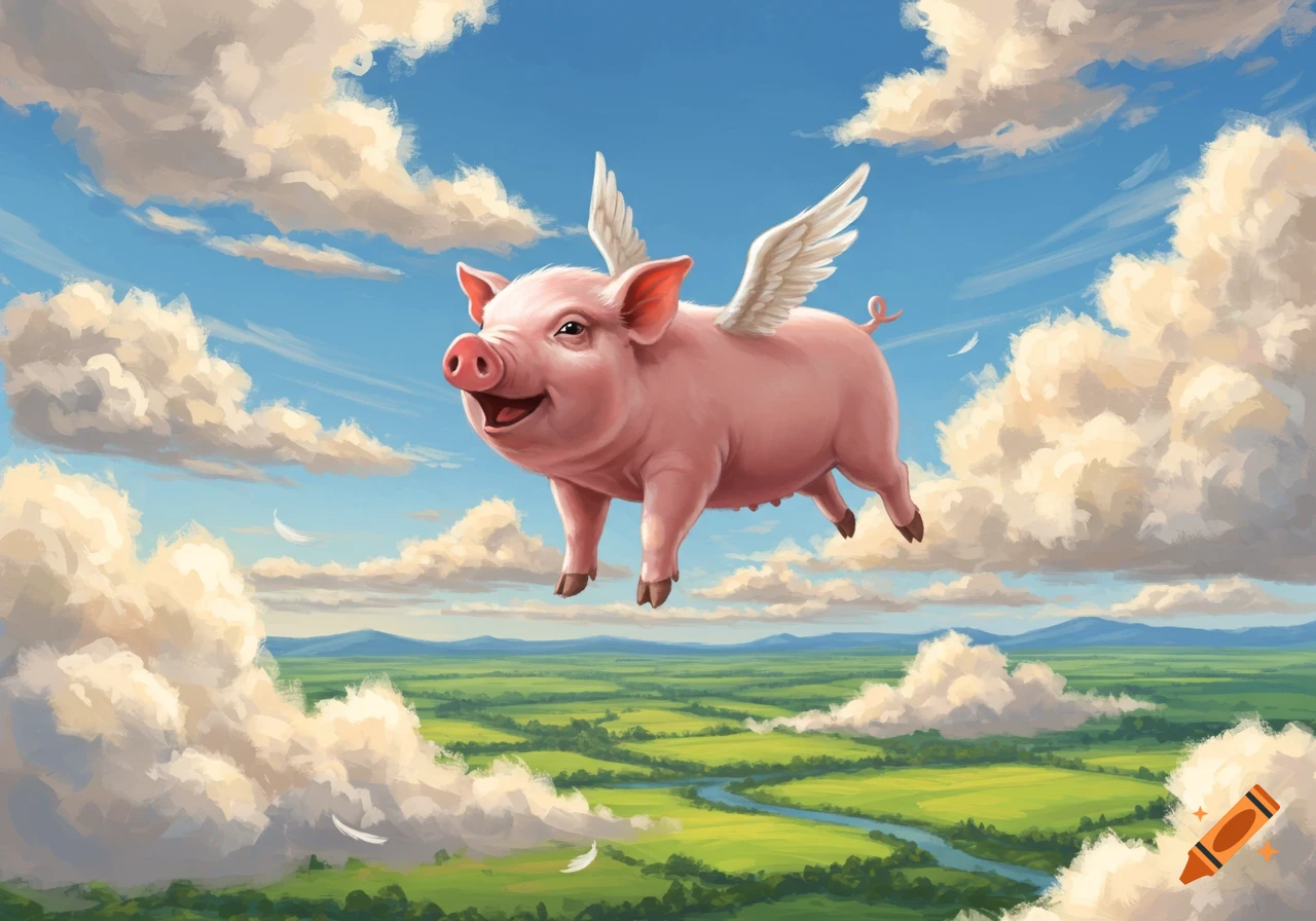 A cheerful pink pig with white wings flies through a blue sky above green fields and clouds in a cartoon style.