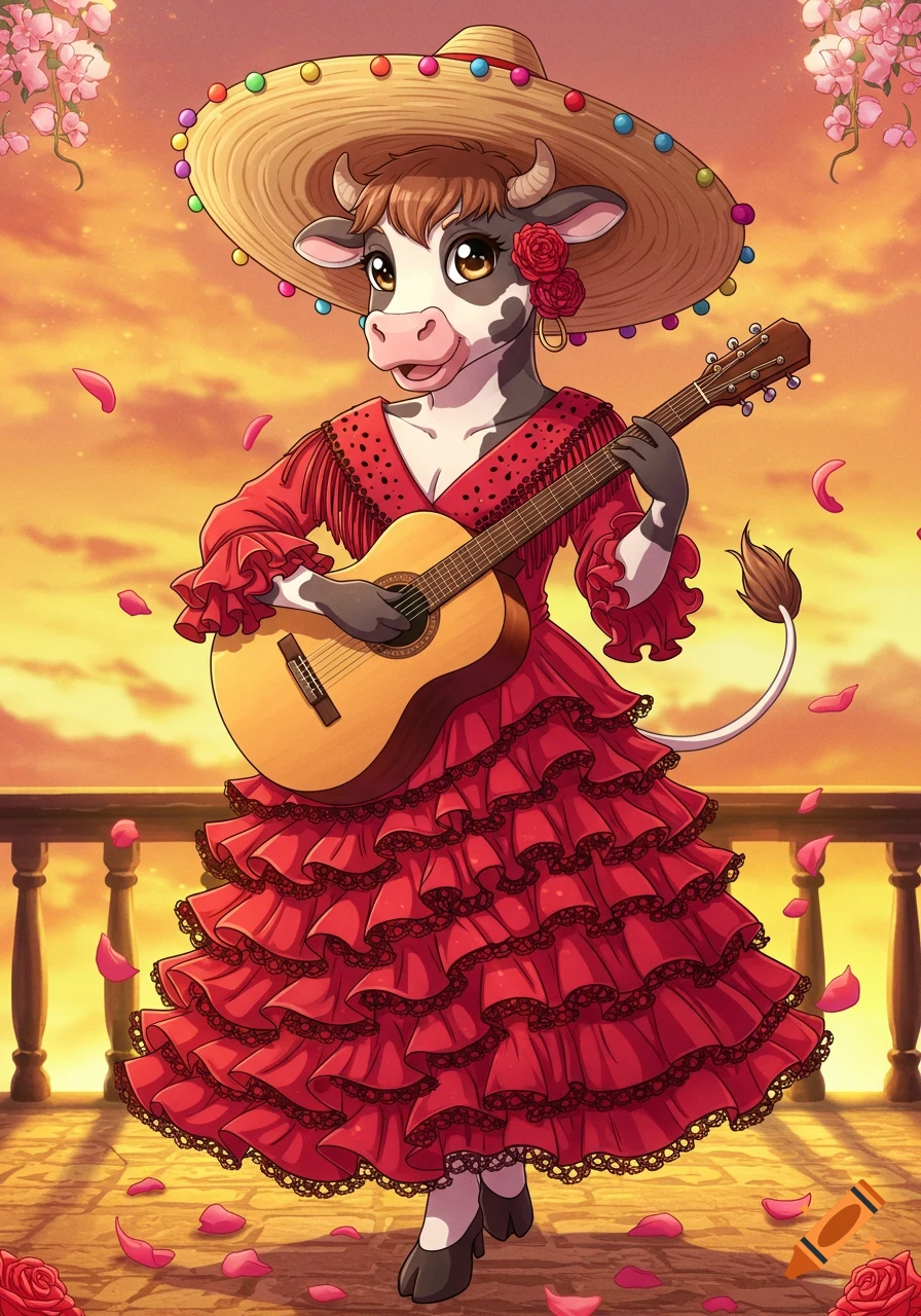 A cartoon cow in a red flamenco dress and sombrero plays a guitar on a balcony at sunset, with falling pink petals.