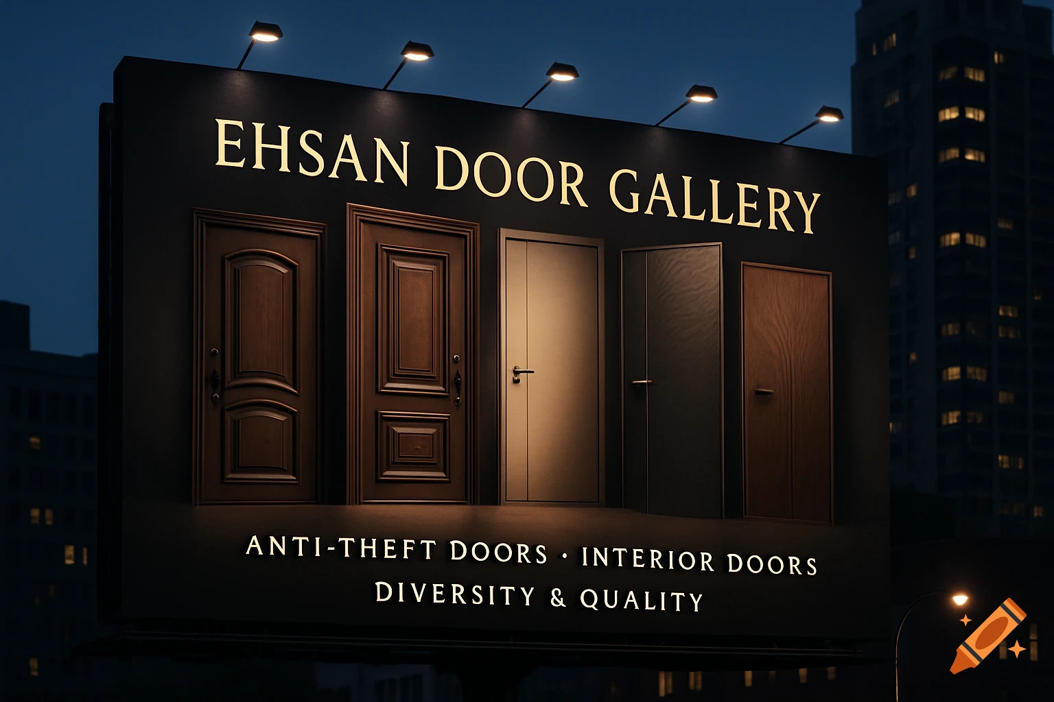 A large illuminated billboard at night advertises 'EHSAN DOOR GALLERY' with five distinct door designs, city buildings in background.