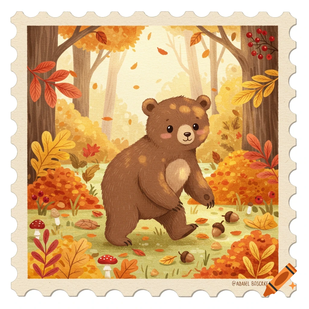 A cute cartoon bear with blush spots walks through an autumn forest filled with colorful leaves, acorns, and mushrooms, framed as a postage stamp.
