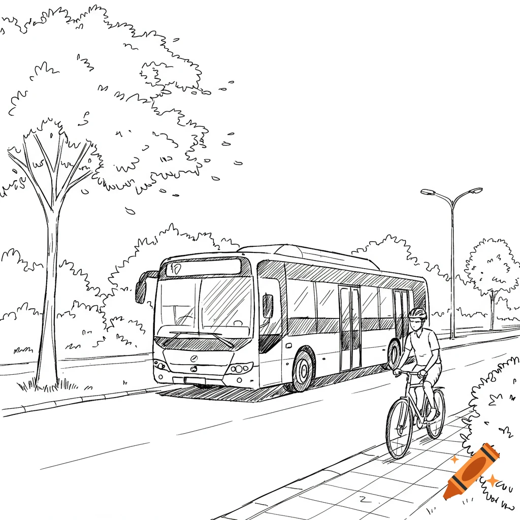 Black and white hand-drawn sketch showing an electric BRT bus on a road, a cyclist, trees, and bushes.