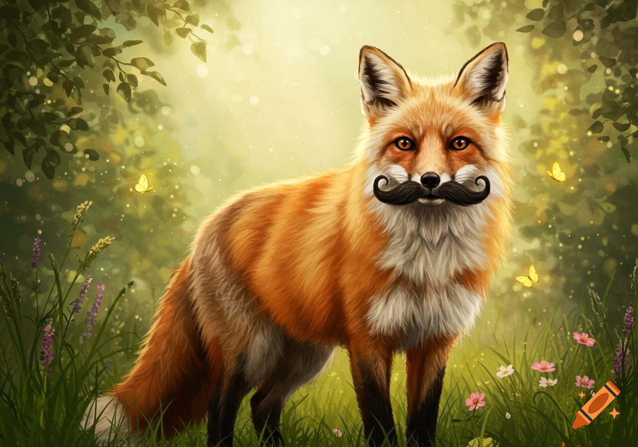A whimsical, illustrative image of an orange fox with a black curly mustache standing in a vibrant, sunlit forest with butterflies.