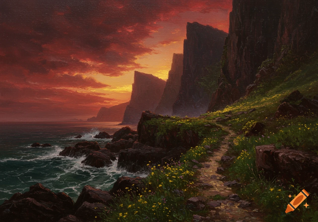Dramatic romantic style painting of a coastal landscape. Dark cliffs, a rocky shore, crashing waves, and a path with yellow flowers under a fiery sunset.