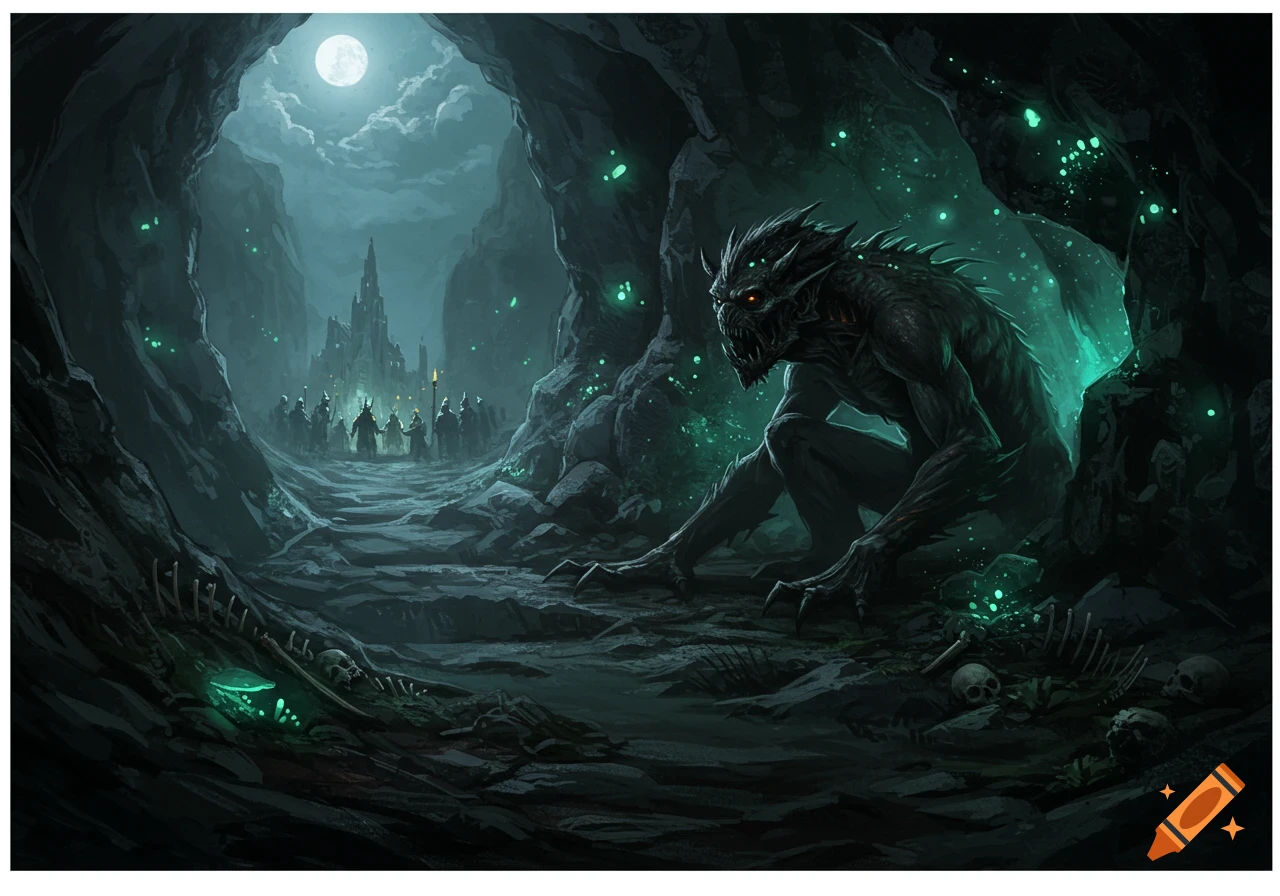 A monstrous creature with red eyes crouches in a dark, glowing green cave with bones, overlooking cloaked figures and a castle under a full moon.