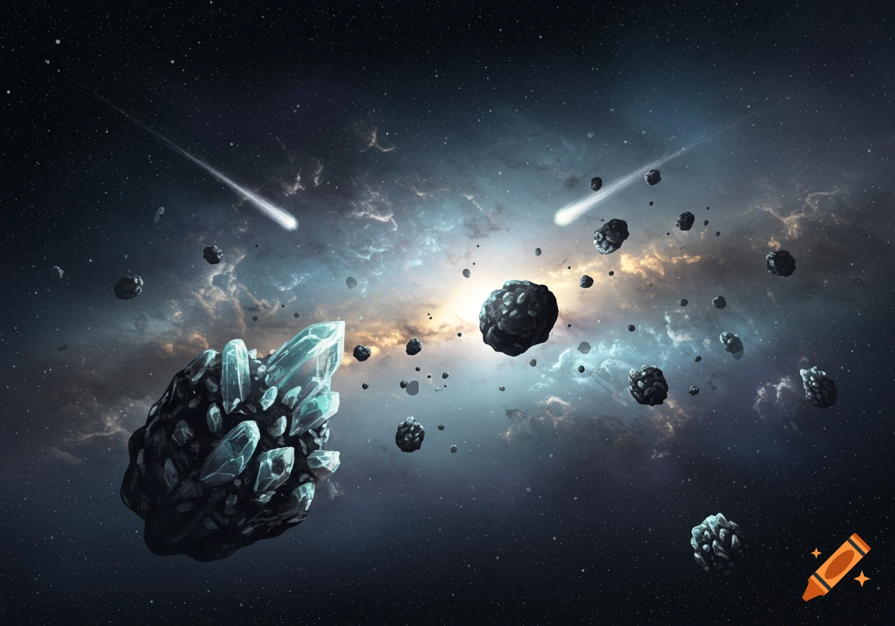 A vibrant cosmic scene featuring a large crystal asteroid, smaller meteoroids, and two shooting stars against a colorful nebula.