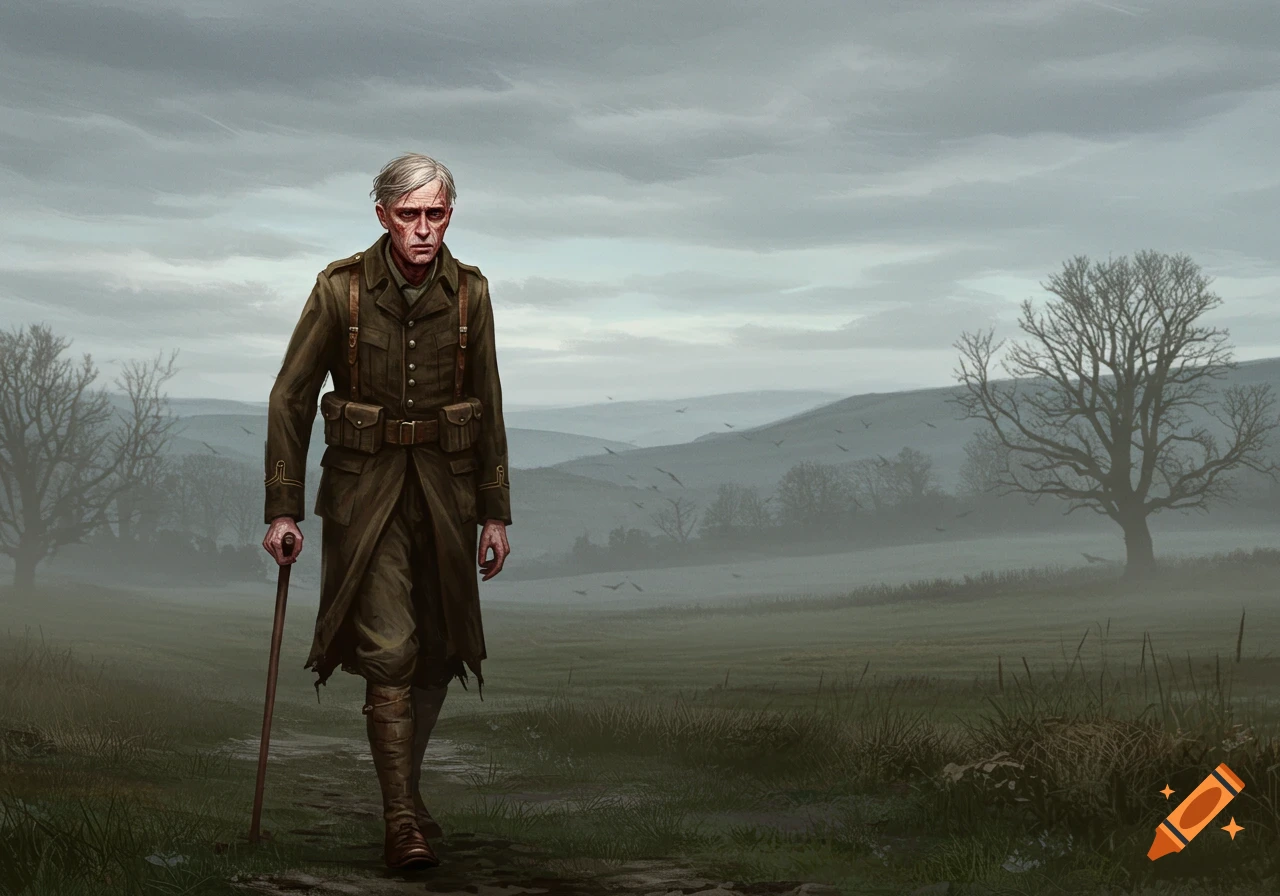 An old, weary soldier in a uniform walks with a cane on a dirt path through a misty, drab landscape, in an illustrative style.