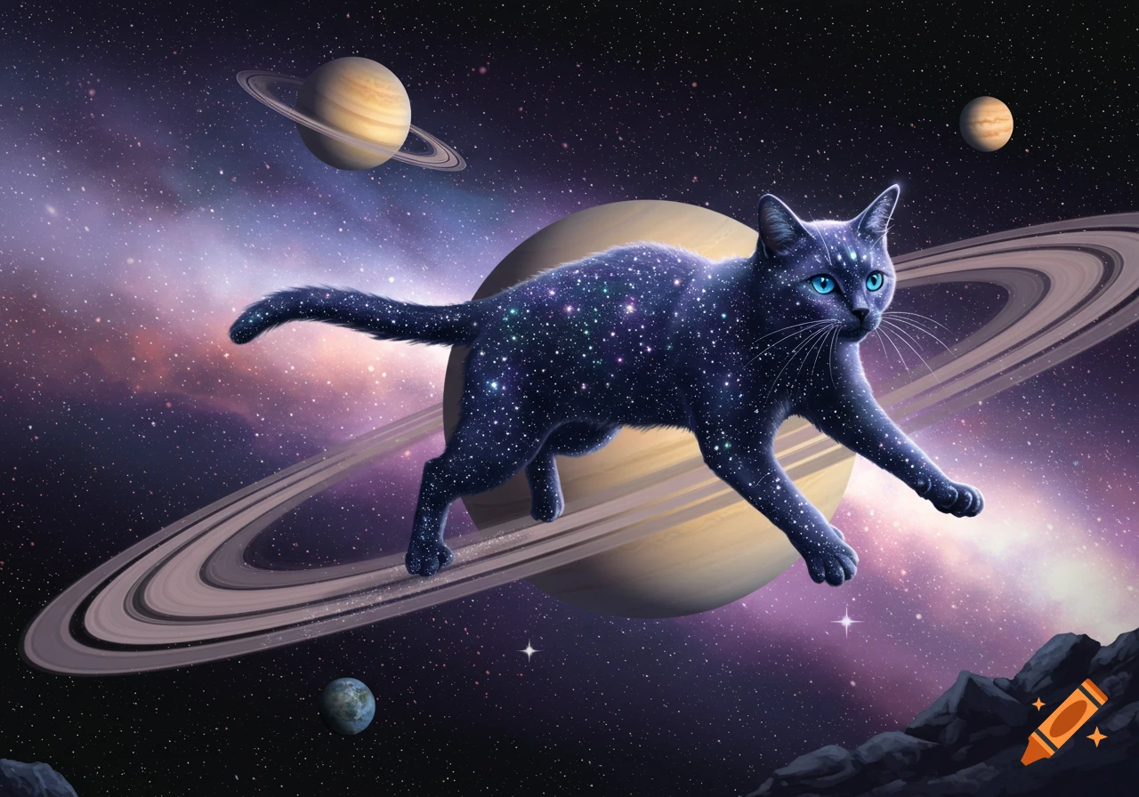 A cat with galaxy-patterned fur floats in space near Saturn's rings, with nebulae and planets in the background.