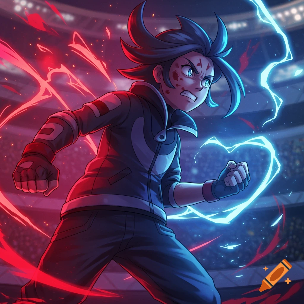 An angry anime Pokemon trainer with blue hair and blood marks on their face, surrounded by red and blue energy, in a stadium.