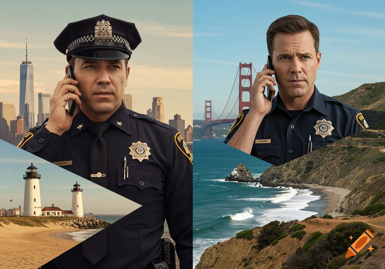 Split-screen with an East Coast police officer by New York City skyline and lighthouse, and a West Coast officer by Golden Gate Bridge and coastal cliffs, both on cell phones.