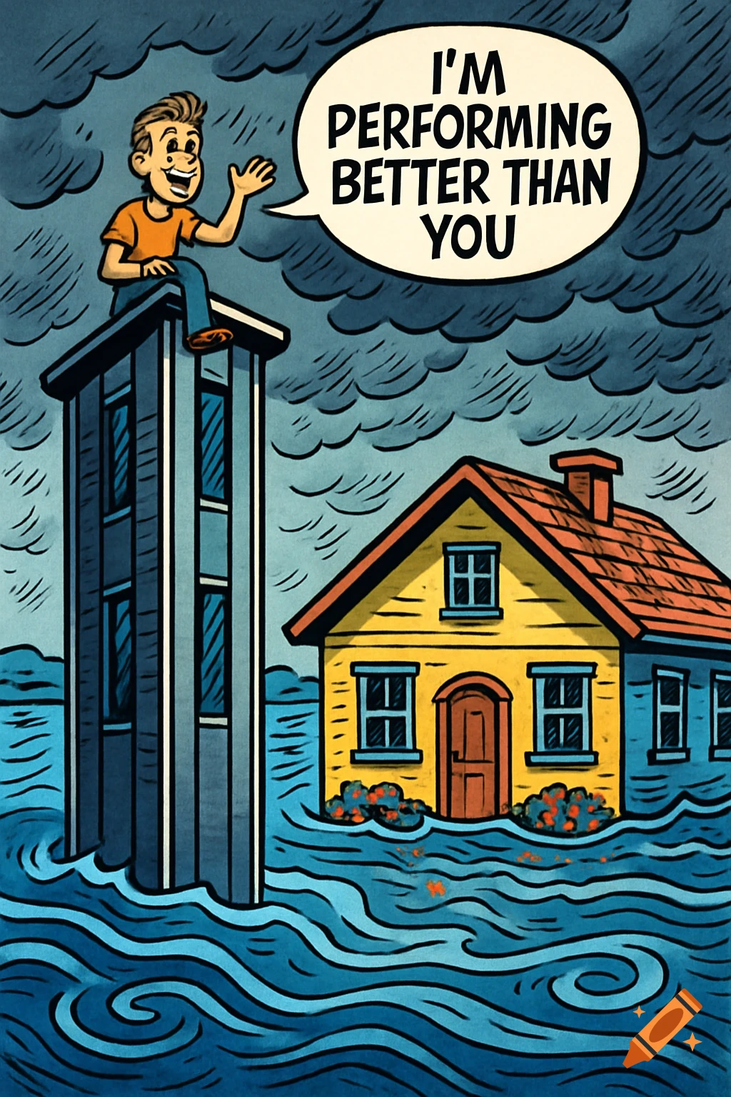 A cartoon boy on a tall building waves, saying "I'M PERFORMING BETTER THAN YOU" to a submerged yellow house during a flood.