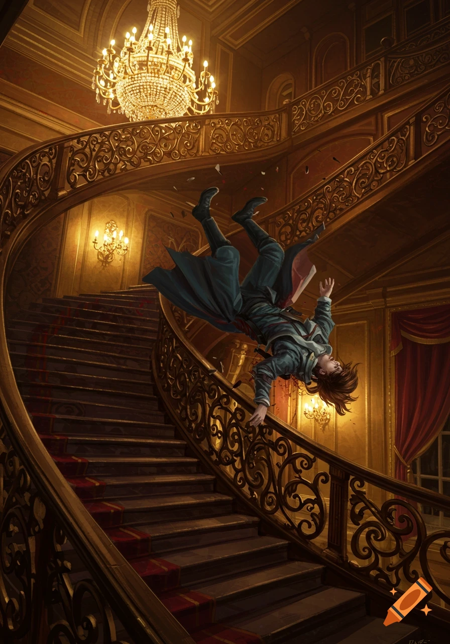 A person falls headfirst down an ornate, chandelier-lit grand staircase with a red carpet, blood splattering from a wound.