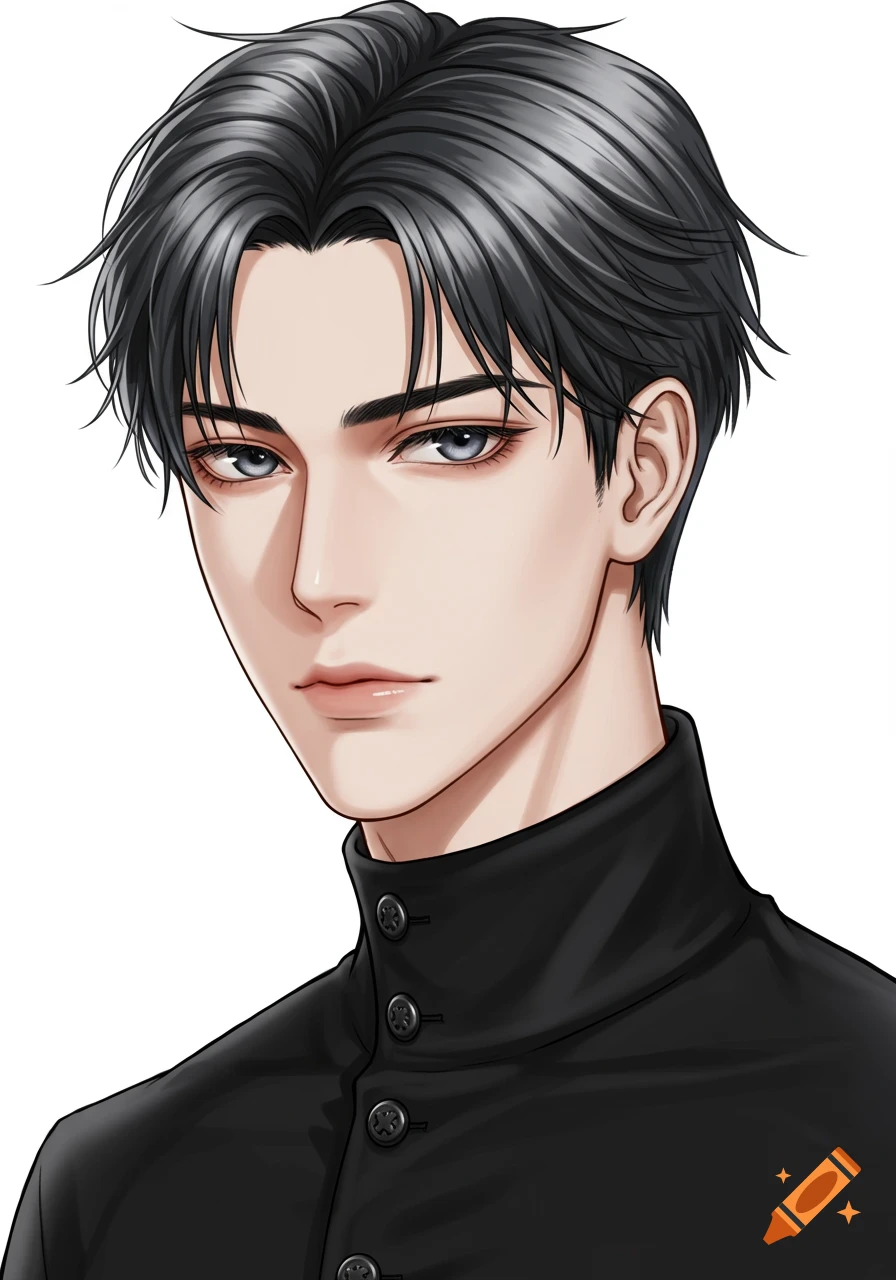 Anime-style portrait of a young man with black hair and blue eyes, wearing a black collared shirt, against a white background.