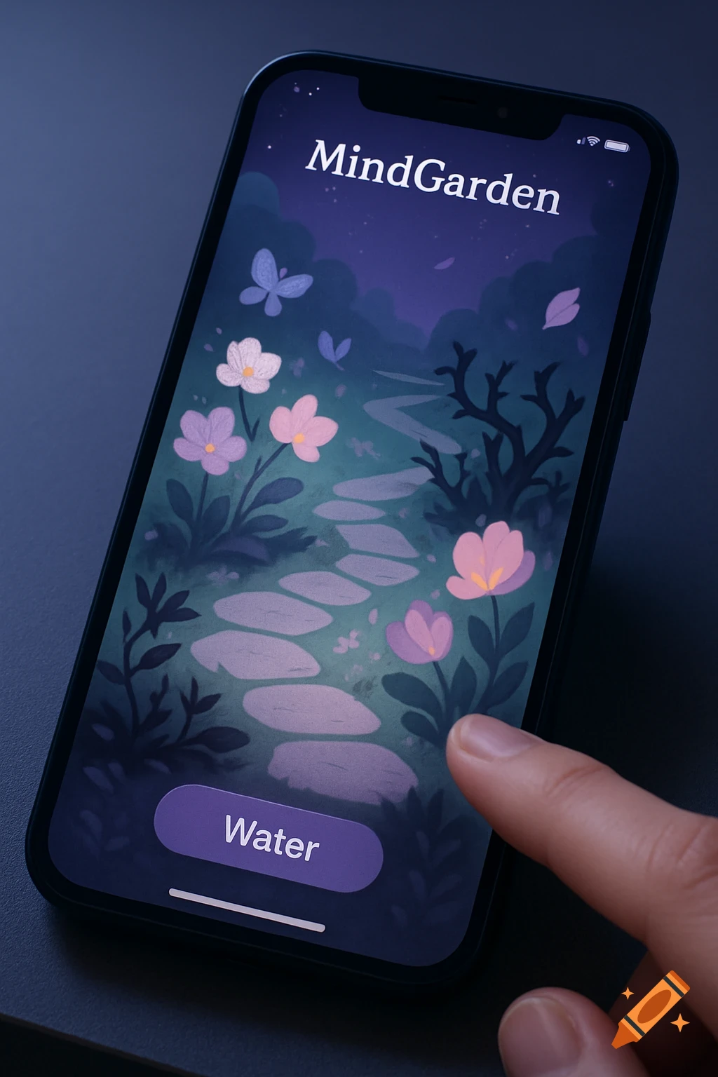 A hand taps a smartphone displaying the MindGarden app, which shows a stylized digital garden with a path, flowers, and a 'Water' button.