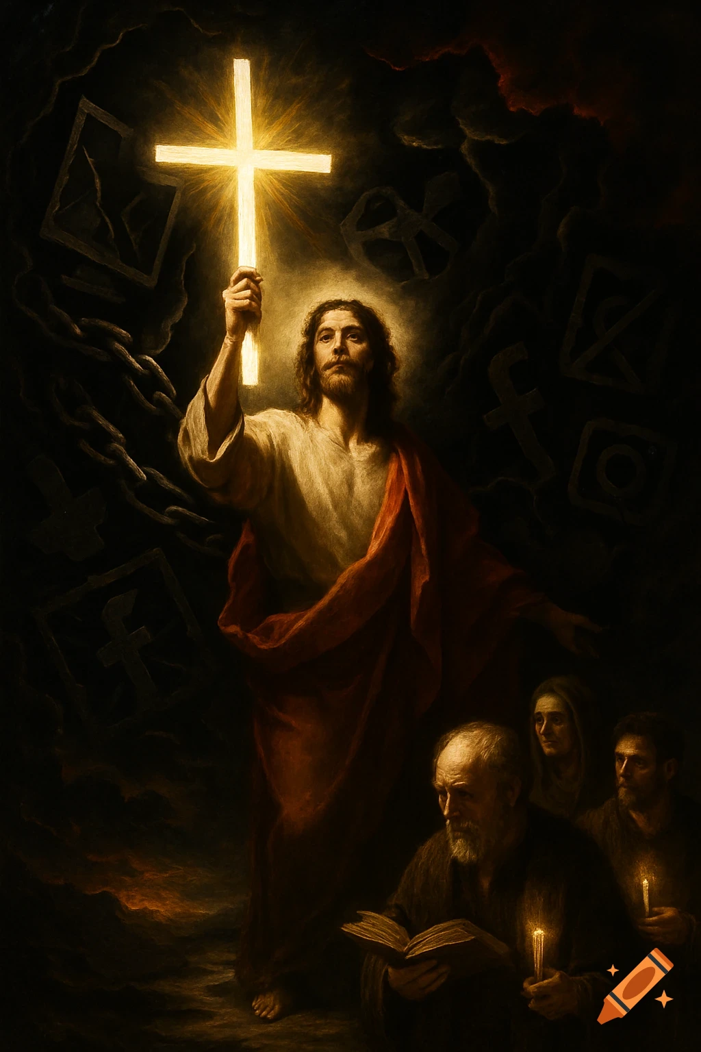 Baroque painting of Jesus holding a glowing cross, surrounded by distorted social media logos and humble figures with books and candles.
