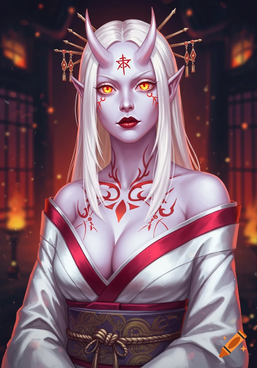 A portrait of a pale-skinned, white-haired female demon with red eyes, horns, and red markings, wearing a white and red kimono.