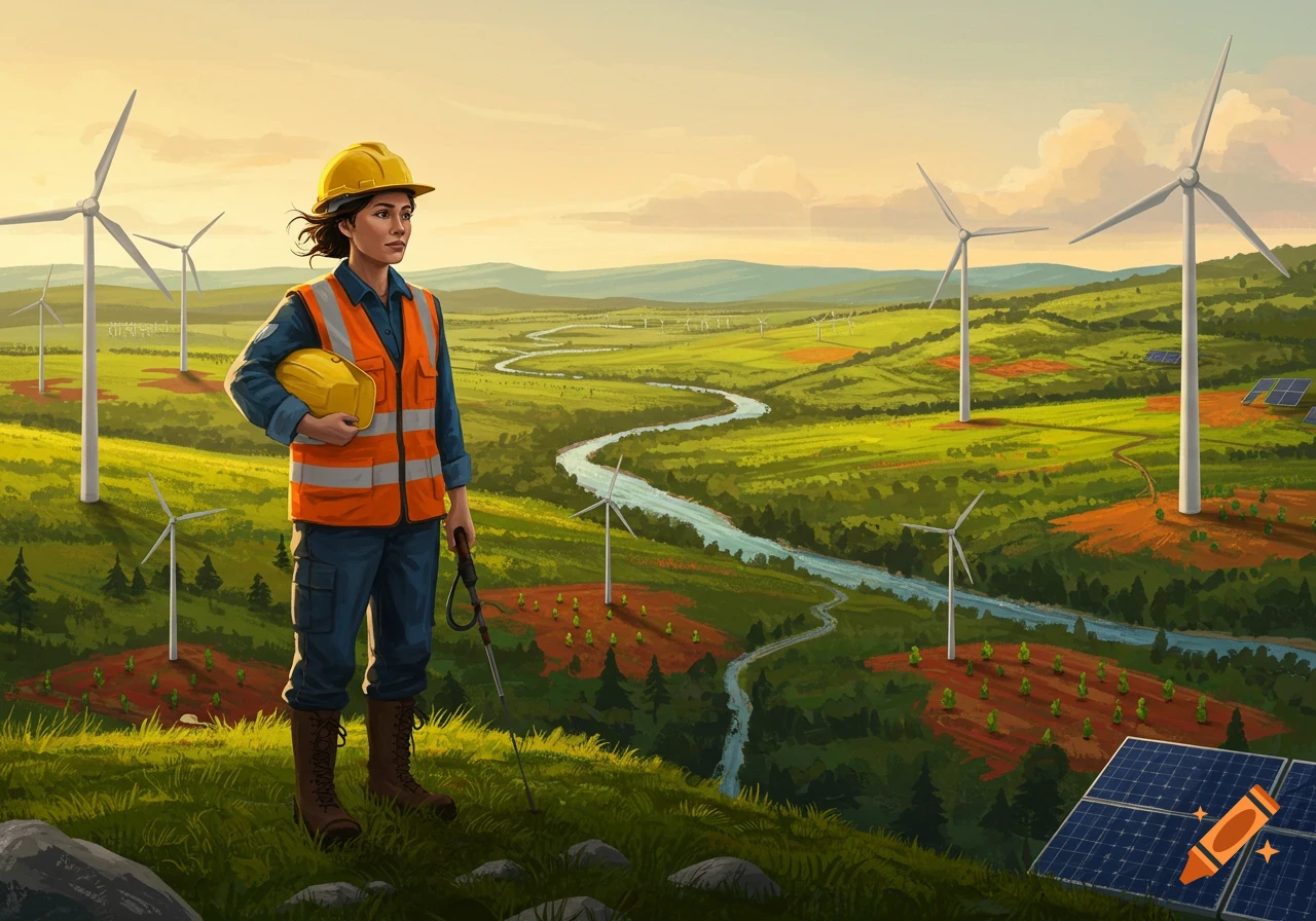 Female environmental engineer in orange vest in a green landscape with wind turbines, solar panels, and a river, digital art.