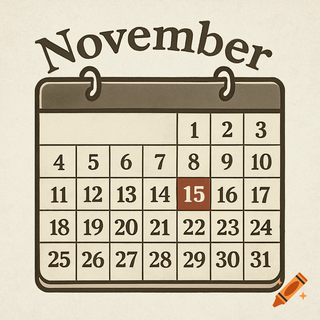 An illustration of a November calendar with the 15th highlighted in red.