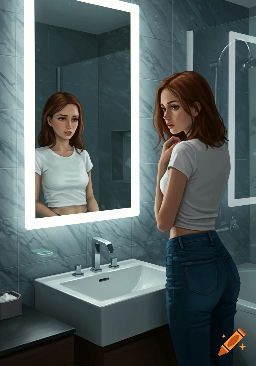 Digital illustration of a sad woman with red hair in a modern bathroom, looking at her reflection in a lighted mirror.