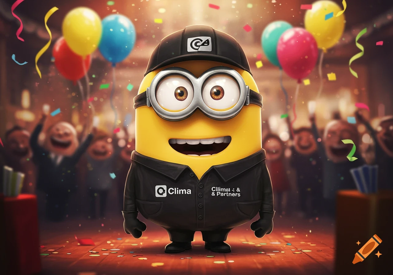 A smiling Minion in a black cap and work jacket stands amidst confetti and balloons, celebrating at a party.