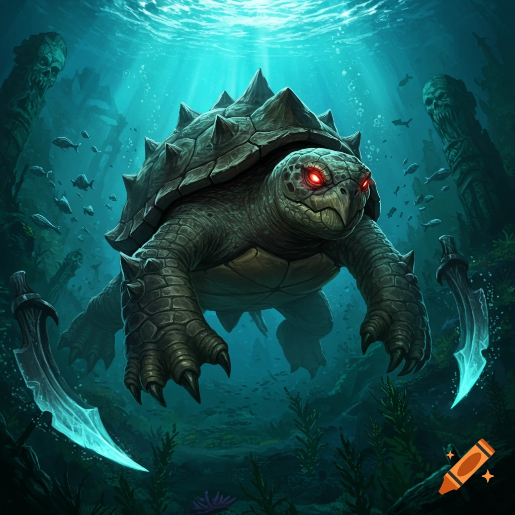 A menacing, spiky turtle with glowing red eyes swims underwater among sunken ruins, glowing swords, and small fish, in digital art style.