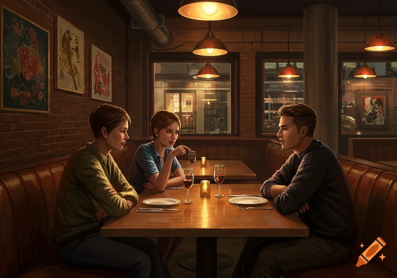 Three people sit at a table in a warmly lit restaurant booth with brick walls and hanging lamps, enjoying drinks.