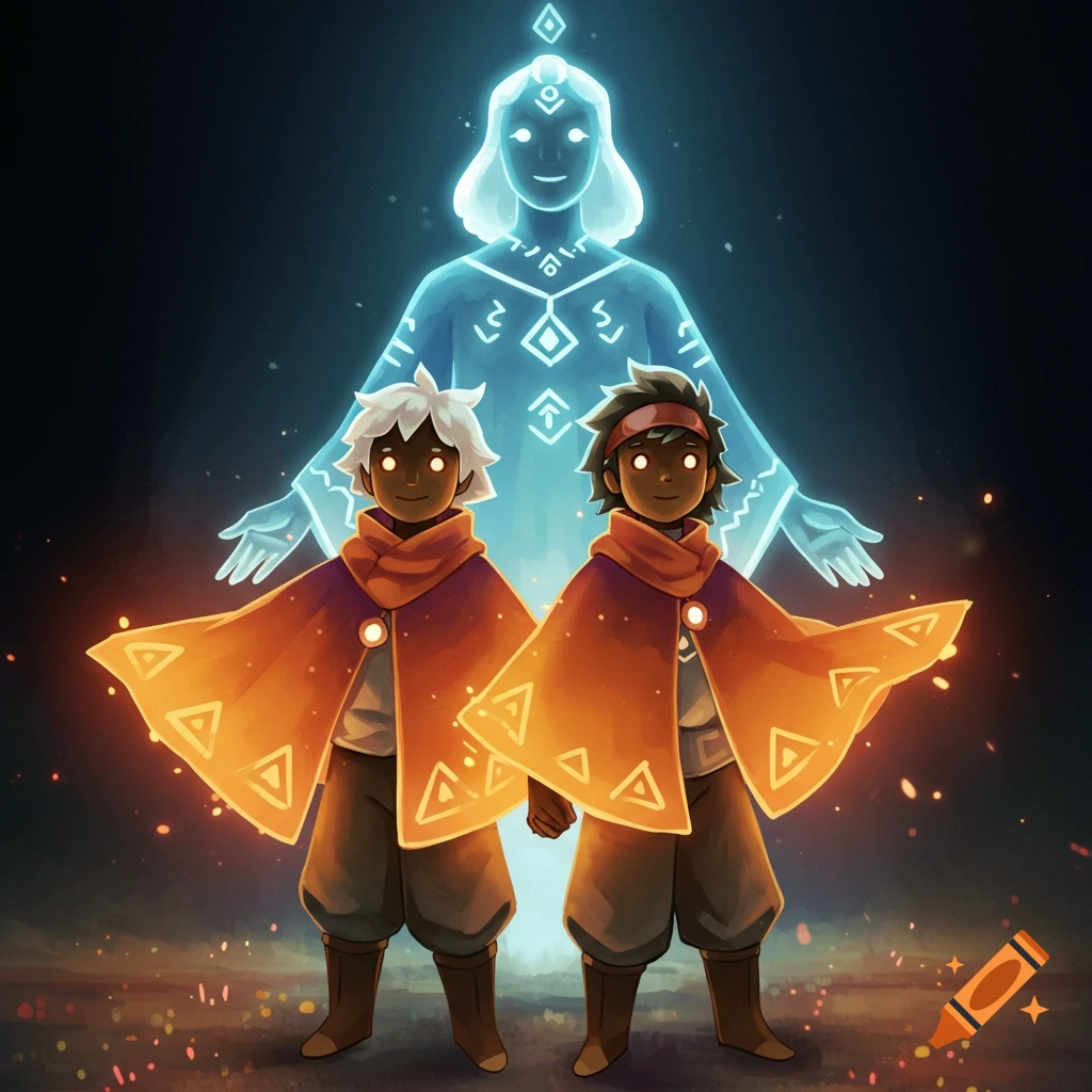 Two cloaked child-like figures with glowing eyes stand before a large, glowing blue spirit with geometric patterns in a fantasy video game art style.