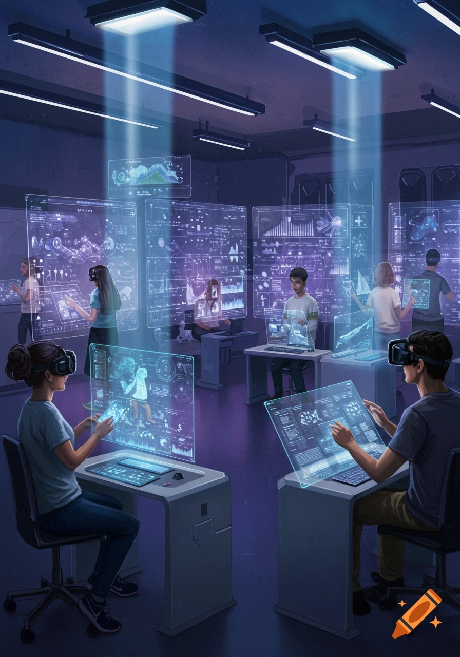 Students in a futuristic classroom wear VR headsets and interact with multiple holographic screens displaying data and graphs.