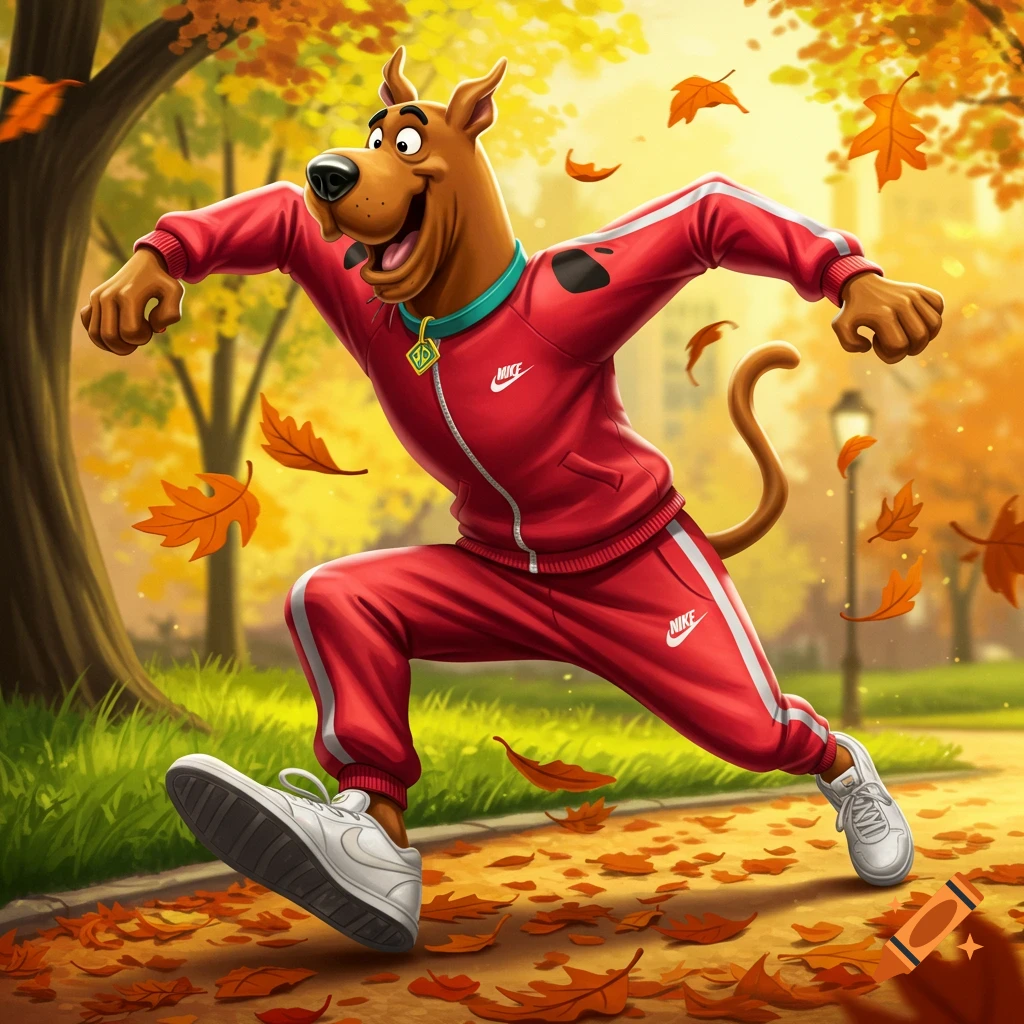 Scooby-Doo runs in a red Nike tracksuit through an autumn park with falling leaves.