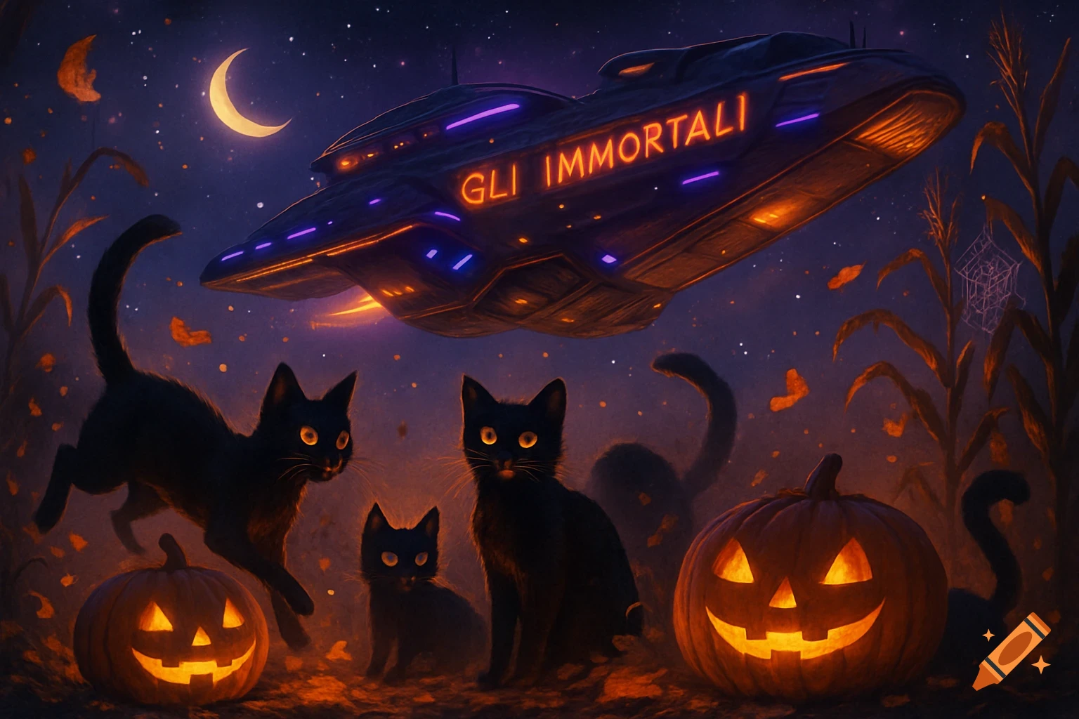 Halloween night scene with black cats, glowing jack-o'-lanterns, and a spaceship named 'Gli Immortali' under a crescent moon.